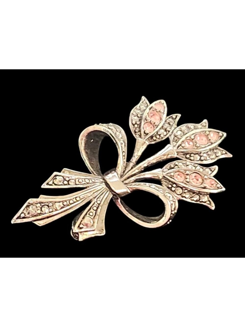 Vintage Silver Tone Floral Brooch Pink Rhinestones Bow Accent Elegant Design
